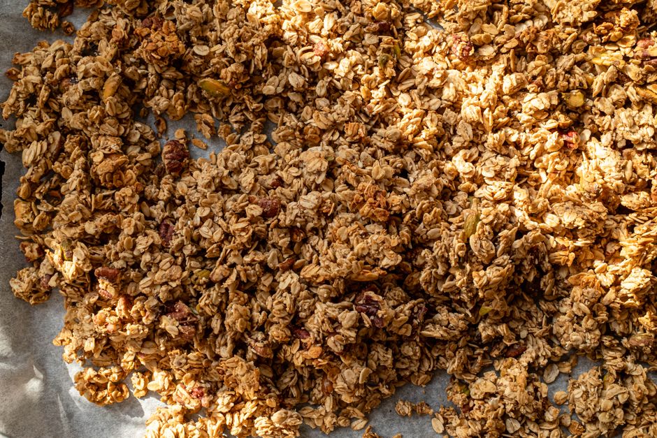 Close-up of a crunchy oat crumble topping
