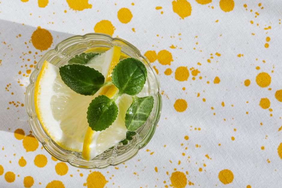 Glass of chilled cordial with lemon and mint