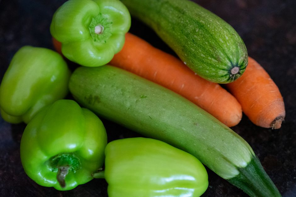 Peppers, courgette and carrots ready for roasting
