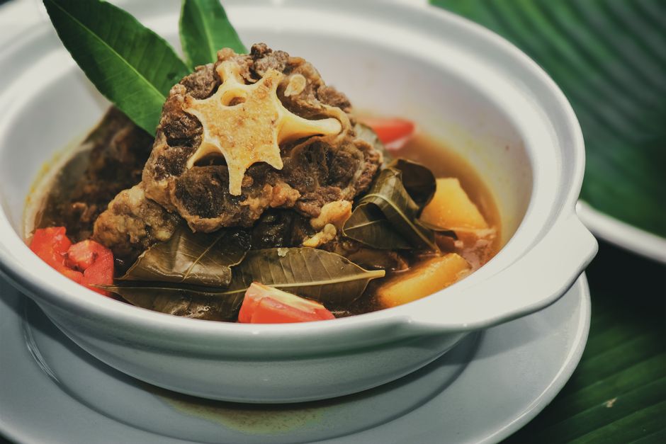 Slow-braised beef stew in a casserole dish