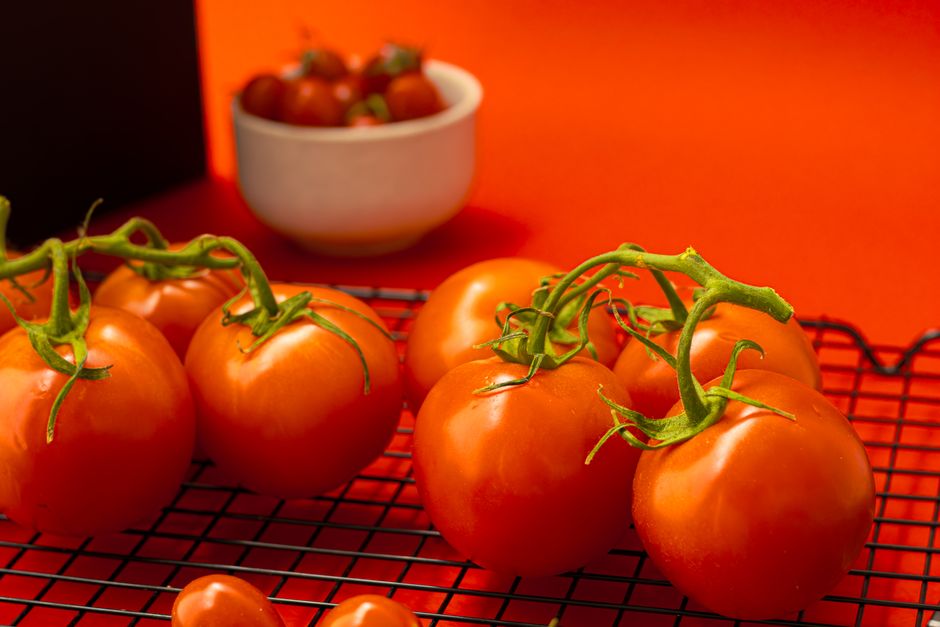 Bright red tomatoes on a vine, creatively presented with a vivid background.